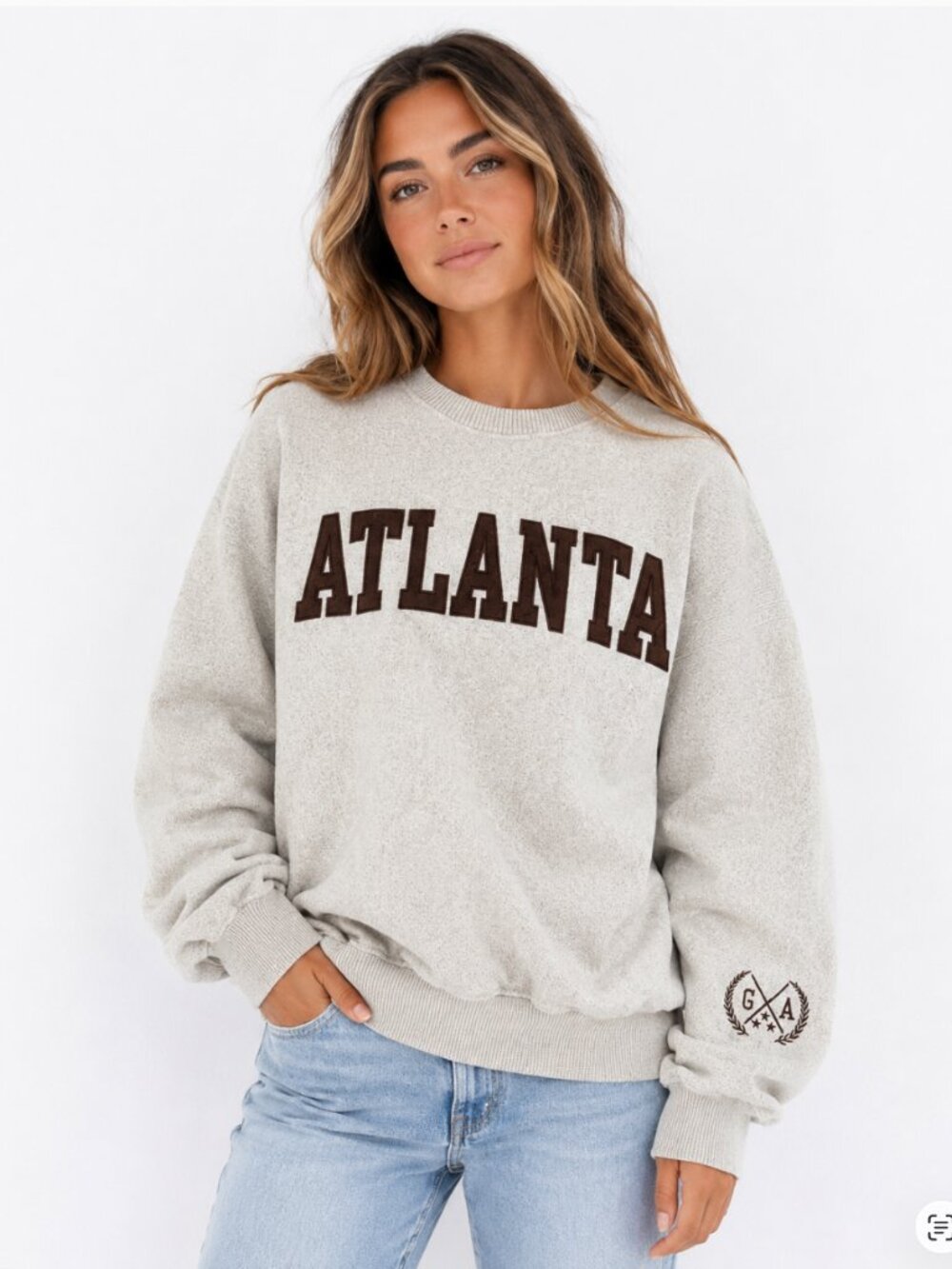 Atlanta Lettered Collegiate Crewneck Sweatshirt Tan Brown Unisex M Women’s M- L